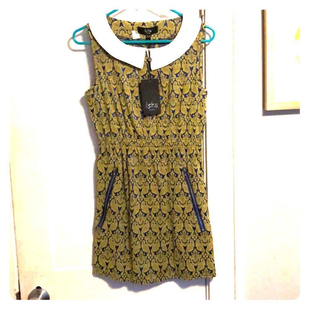 Peter Pan collar, damask print sleeveless dress